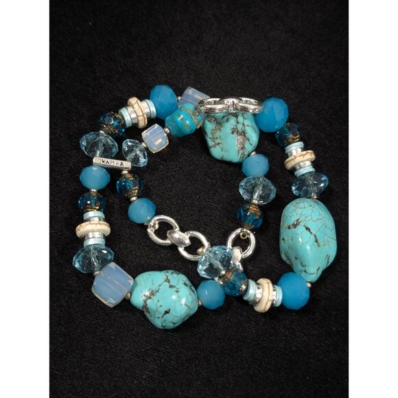 Napier Two Strand Blue Stone Faux Turquoise Glass Bead Stretch Bracelet 6.75 in - Picture 1 of 12